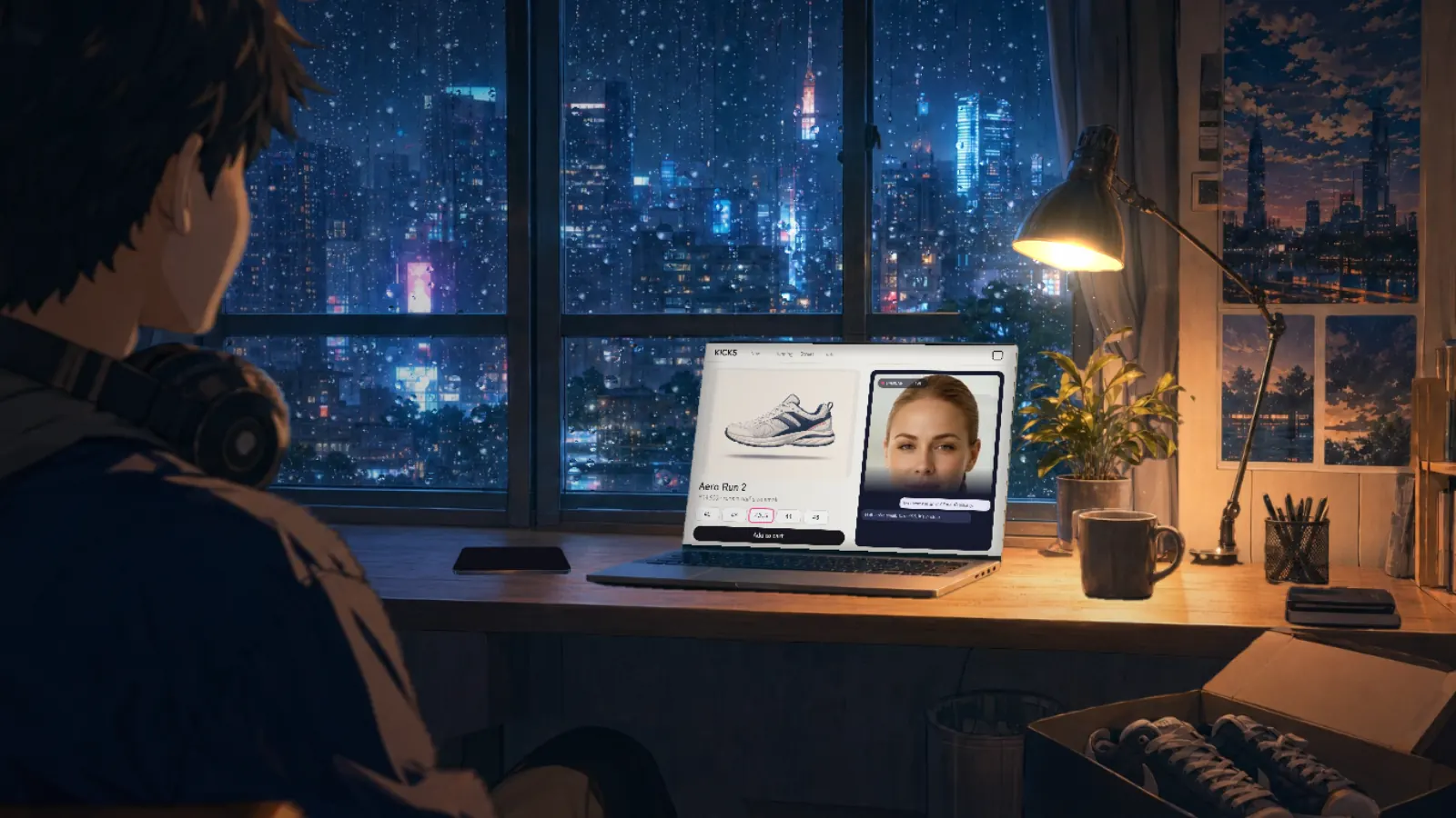 At home he opens his favourite sneaker site. The same Hannah waits in the corner of the page.